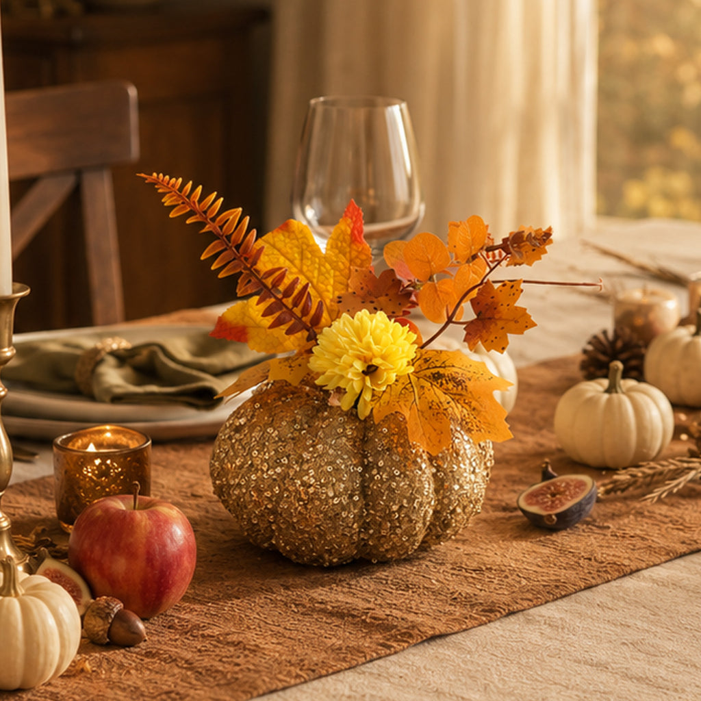Faux Glitter Pumpkin Faux Dahlia Autumn Leaves Decor for Fall Thanksgiving Harvest Season Decoration