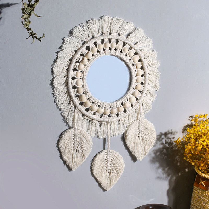 Ins Original Nordic Mirror Decoration Bohemian Weaving Handmade Cotton Thread Wood Bead Tapestry Mirror Bedroom