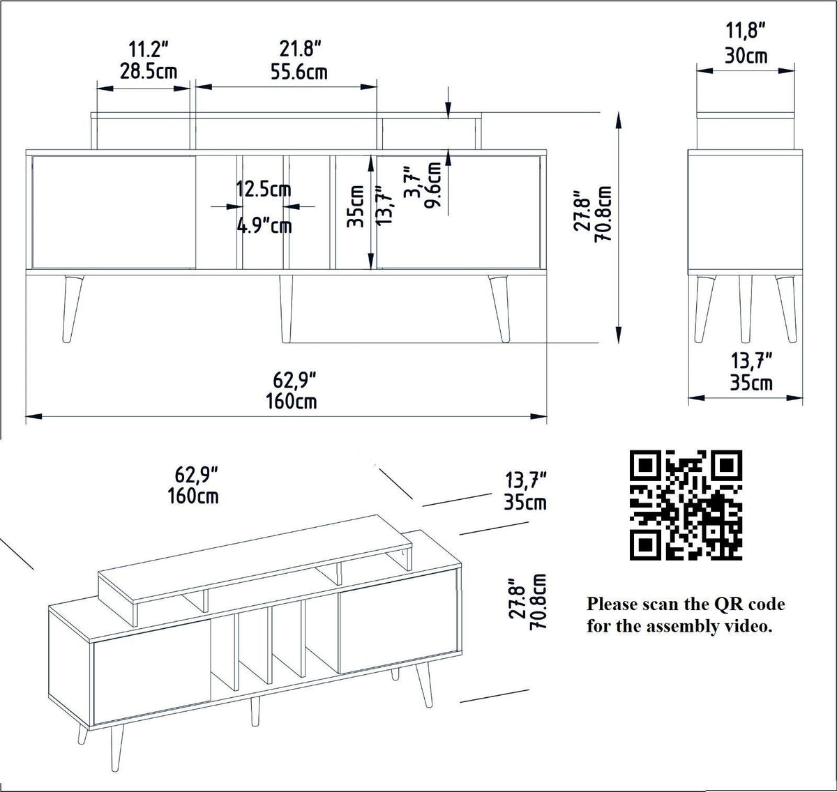 Char 63" TV Stand and Media Console with Cabinets and Shelves for TVs up to 72"