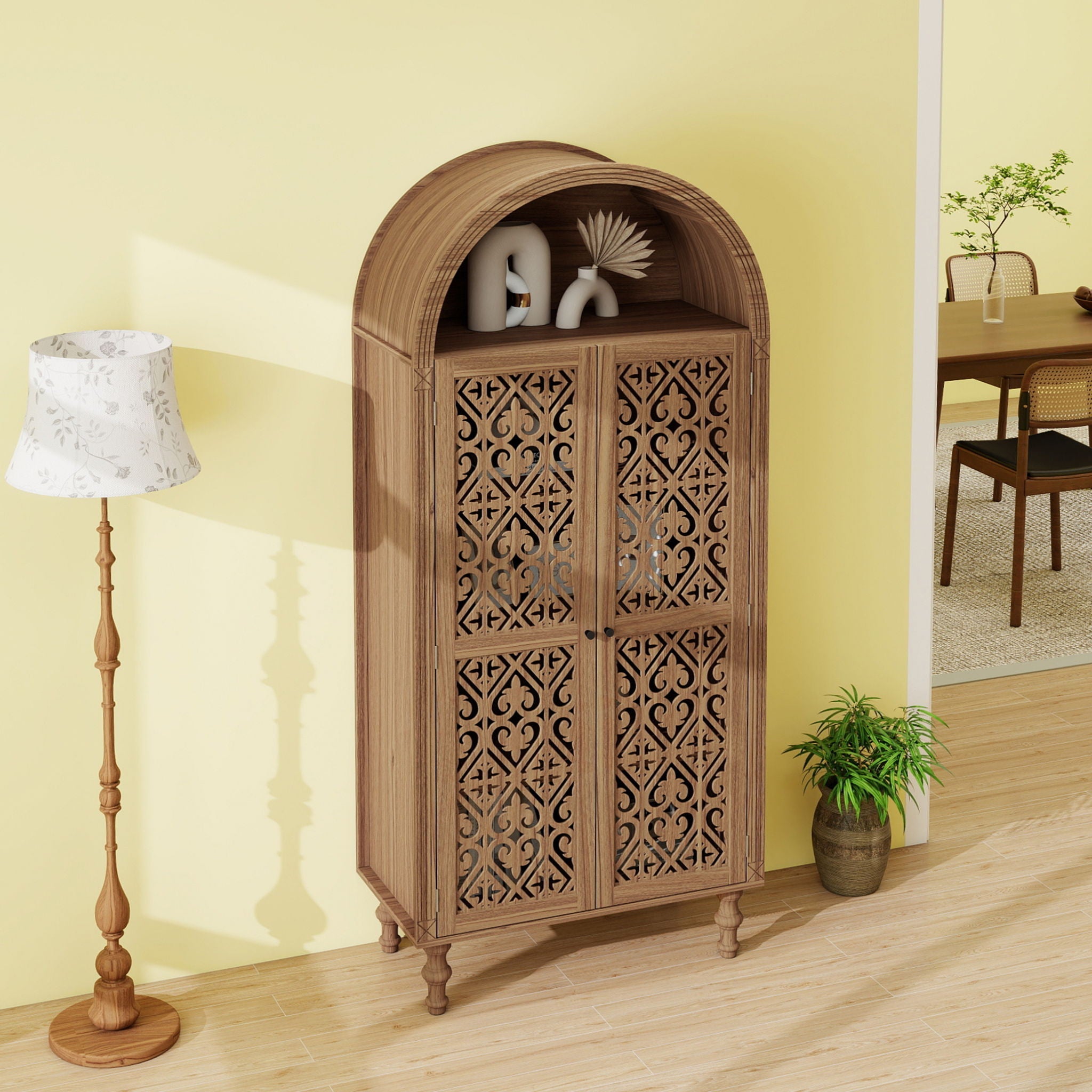 Tall Kitchen Pantry Cabinet With Hollow Carved Doors Adjustable Shelves Versatile Storage Cabinet For Kitchen - Walnut