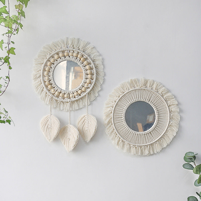 Ins Original Nordic Mirror Decoration Bohemian Weaving Handmade Cotton Thread Wood Bead Tapestry Mirror Bedroom