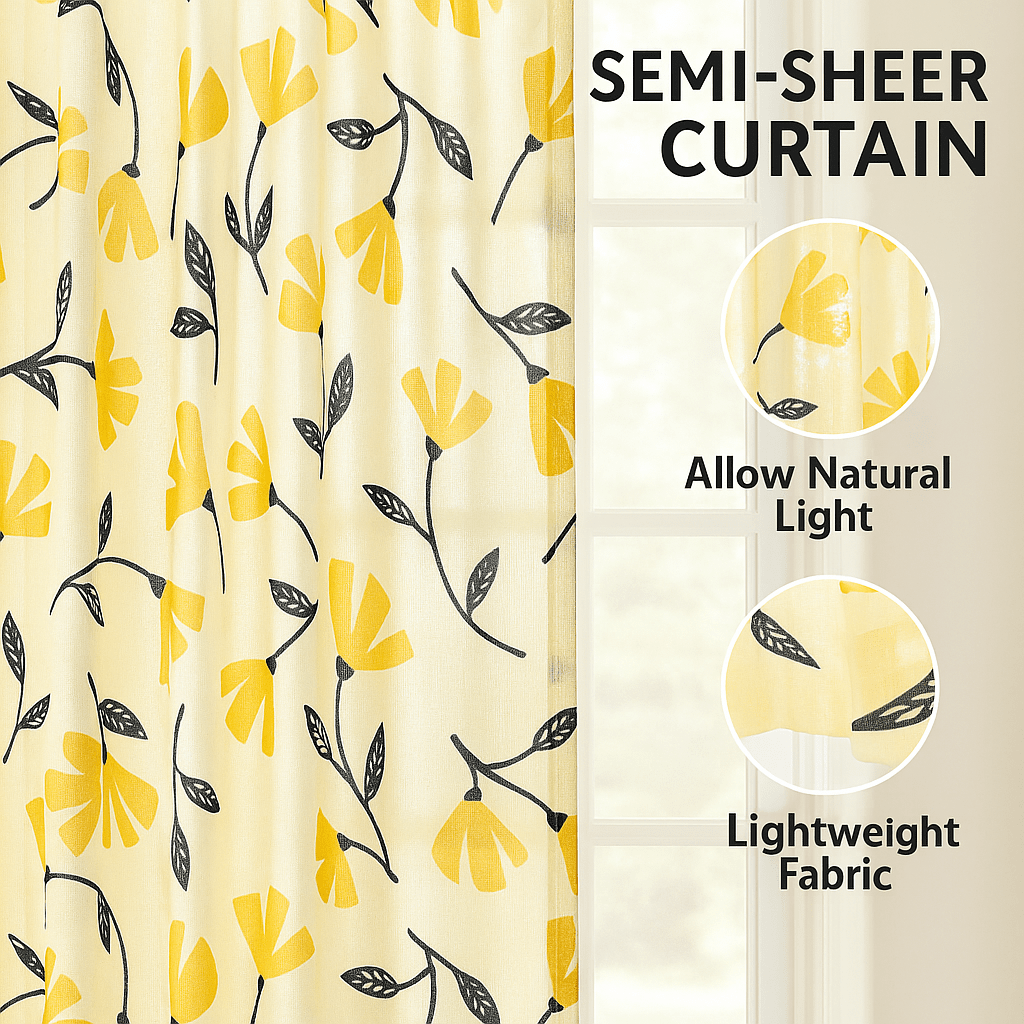 DaDa Bedding Set of 2 Botanical Floral Window Curtain Panels - Natural Semi Sheer Yellow Fleur Golden Orange Spring Time Tulips Straight Tailored Edge