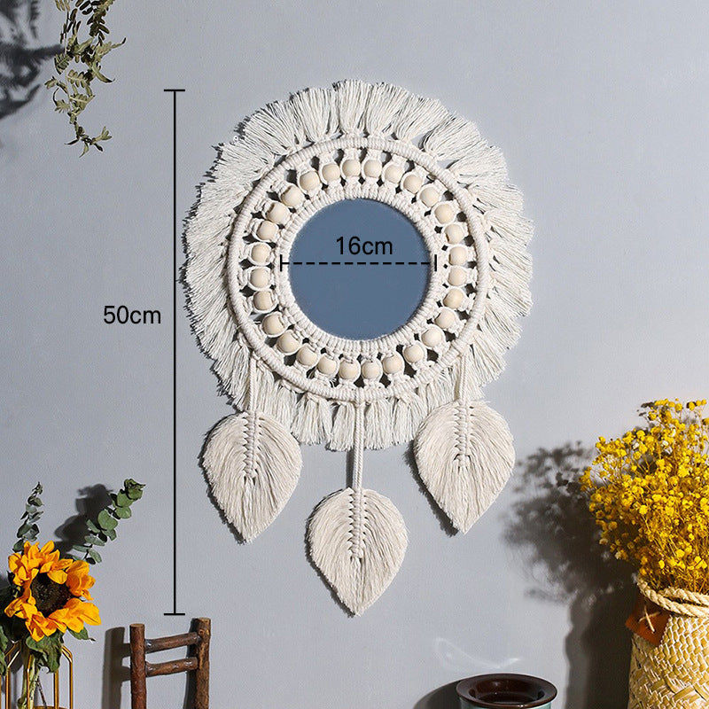 Ins Original Nordic Mirror Decoration Bohemian Weaving Handmade Cotton Thread Wood Bead Tapestry Mirror Bedroom