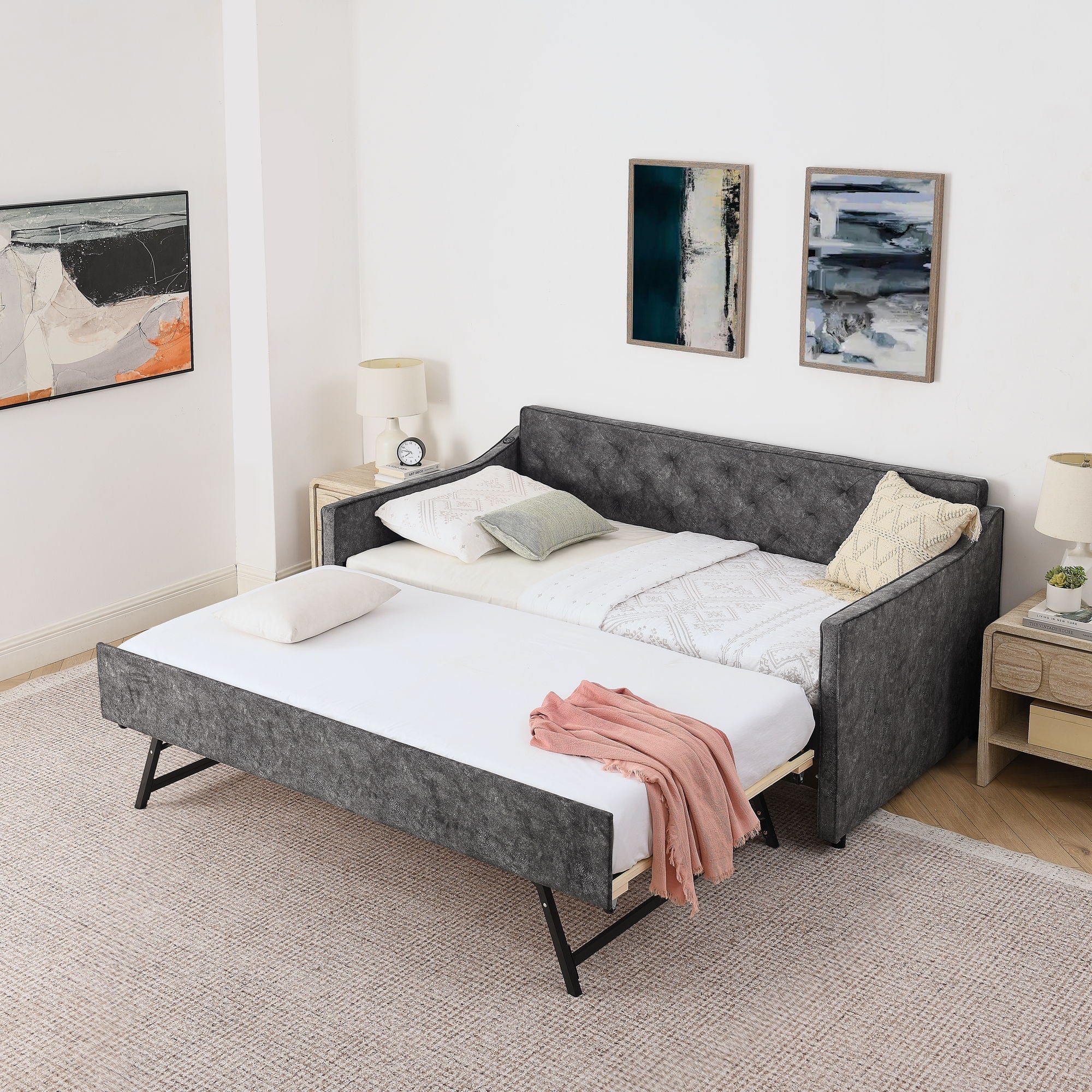 Daybed With Pop Up Trundle And USB Charging Armrest