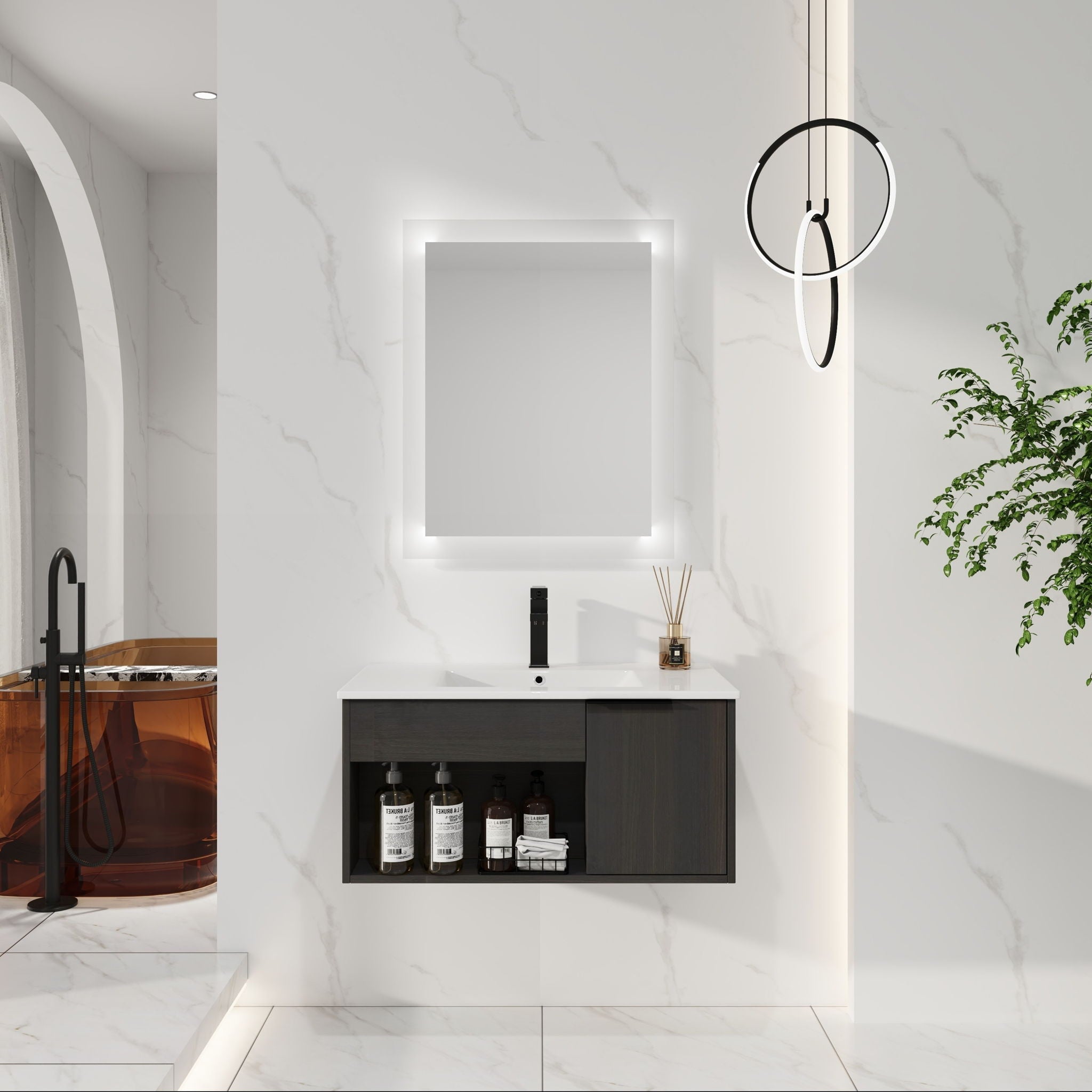 Wall Mounted Floating Bathroom Vanity With Open Shelf & Soft Close Door