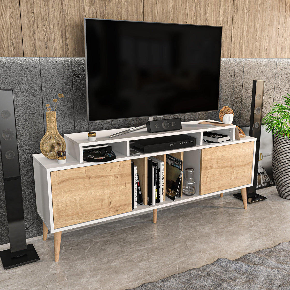 Char 63" TV Stand and Media Console with Cabinets and Shelves for TVs up to 72"