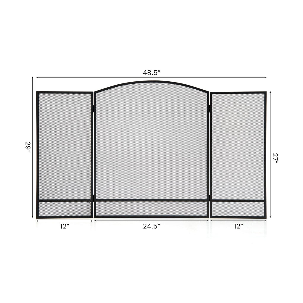 3-Panel Foldable Fireplace Screen with Wrought Metal Mesh-Black
