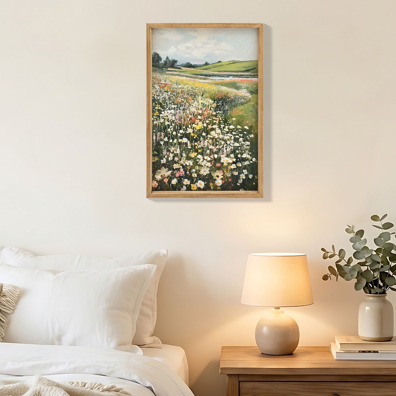 Framed Canvas Prints Art Vintage Decor, Classical Wildflower Field Meadow Flowers Painting - Green / Ivory