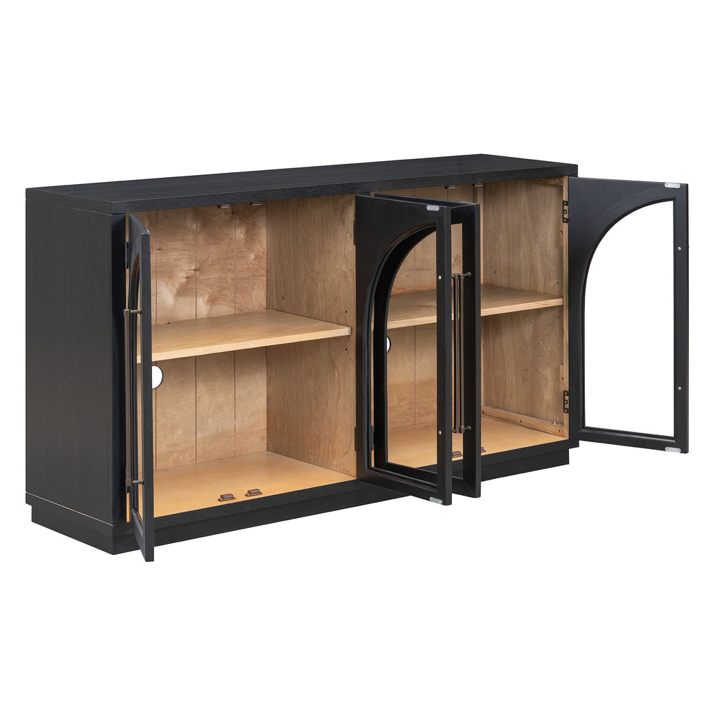 4-Door Large Storage Sideboard Buffet Cabinet with Glass Doors Arched Cabinet (Black)
