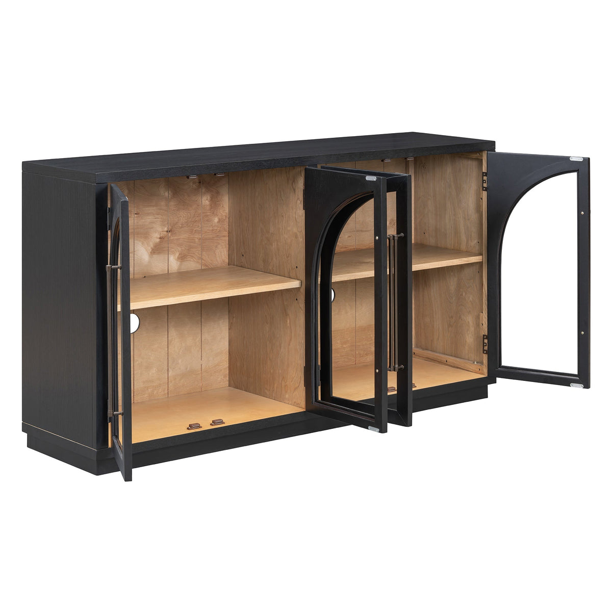 4-Door Large Storage Sideboard Buffet Cabinet with Glass Doors Arched Cabinet (Black)