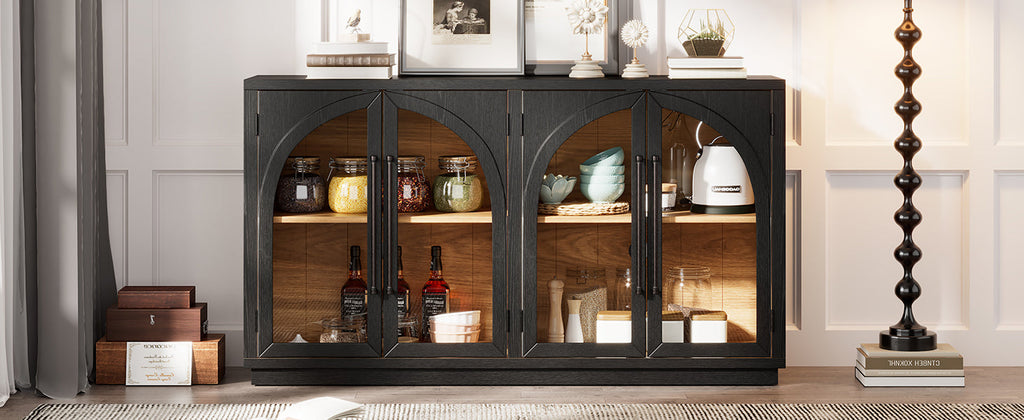 4-Door Large Storage Sideboard Buffet Cabinet with Glass Doors Arched Cabinet (Black)
