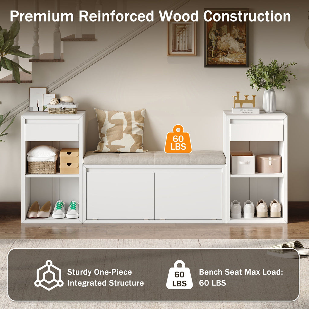 Entryway Storage Bench With Cushion, Drawers & Open Shelves