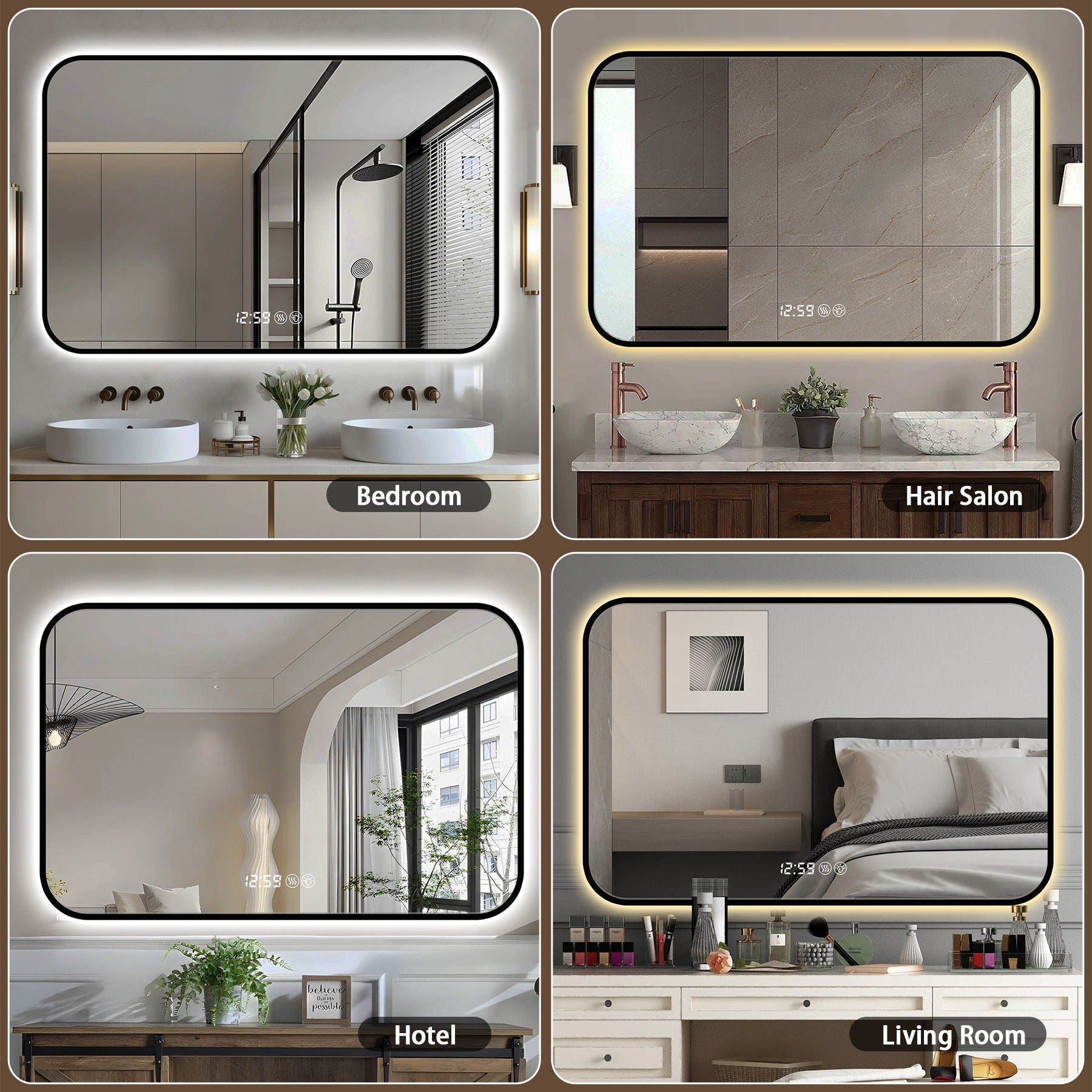 Wall Mirror With Rounded Corners, Temperature Display, Tri-Color Light, Defogging
