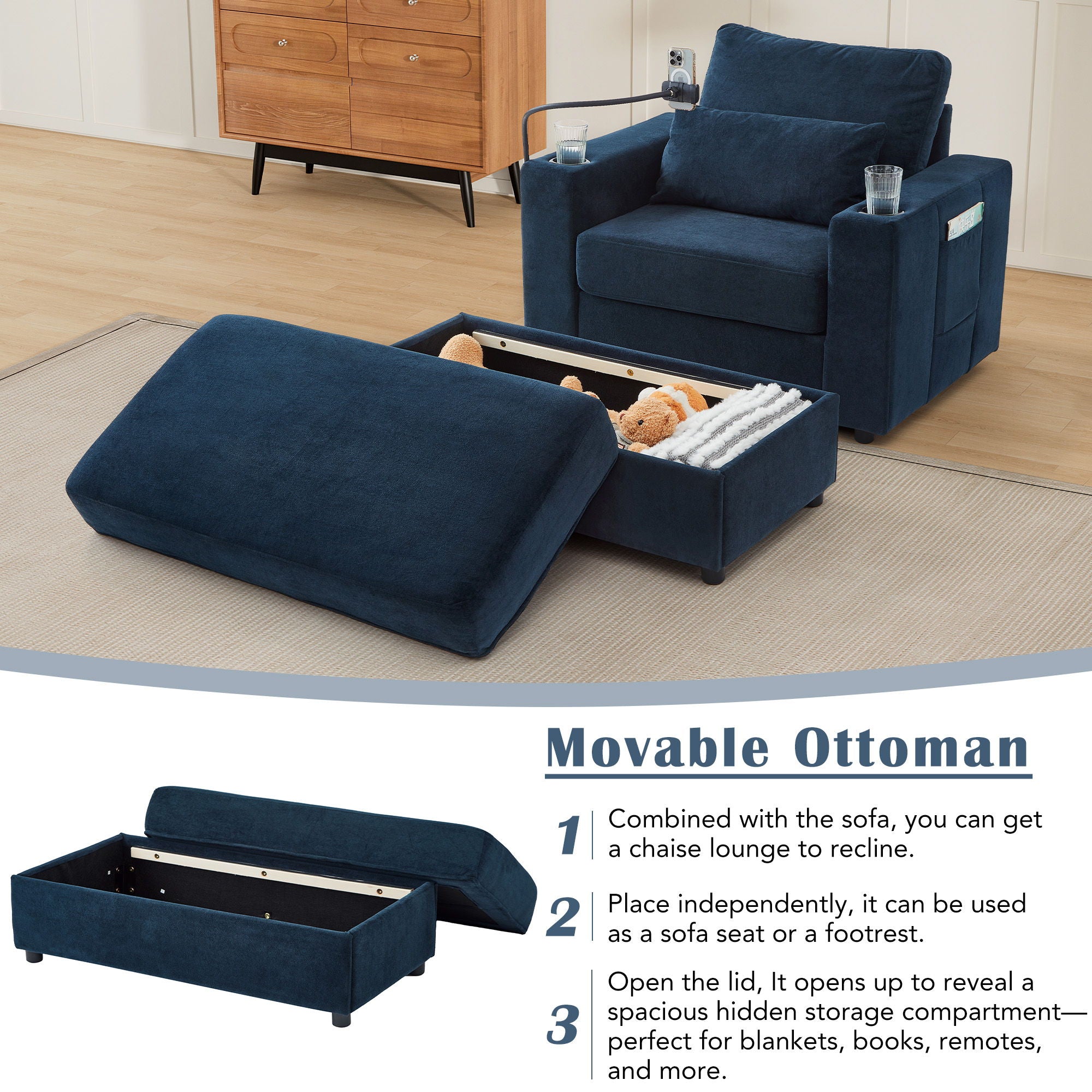 Modern Style Armchair Chaise Lounge Sofa Couch With Movable Storage Ottoman, USB Ports, Cup Holders, Phone Holder, Side Pockets