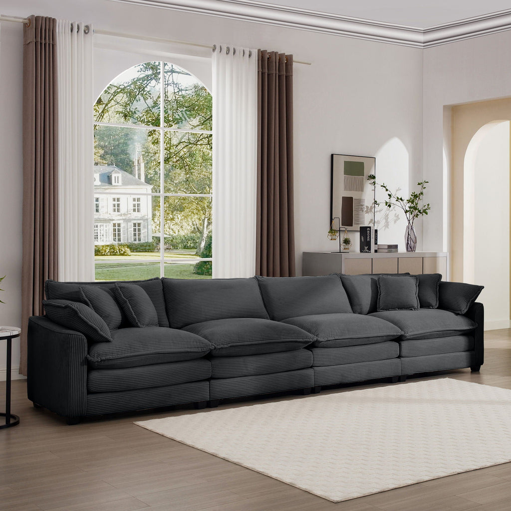 Modern Upholstered 4 Seater Fabric Sofa With Arm And Throw Pillows