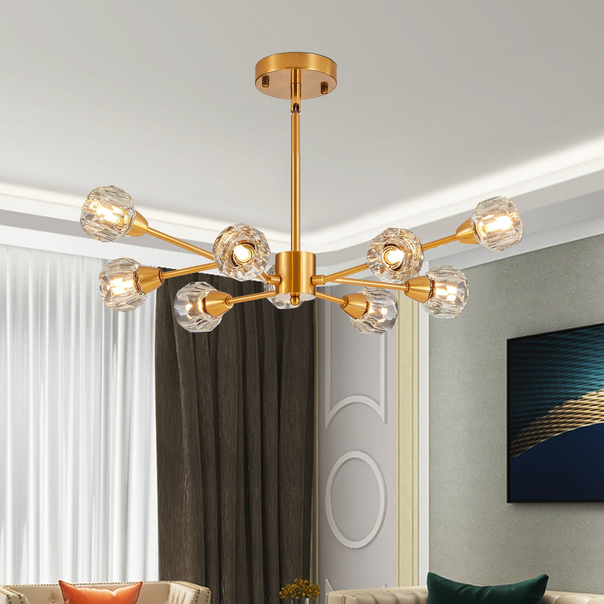 28" Modern Crystal Chandelier with 9 Lights in Golden Finish