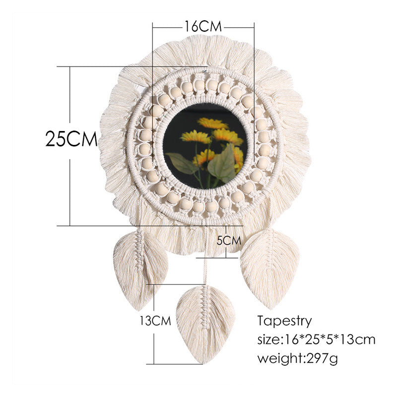 Ins Original Nordic Mirror Decoration Bohemian Weaving Handmade Cotton Thread Wood Bead Tapestry Mirror Bedroom