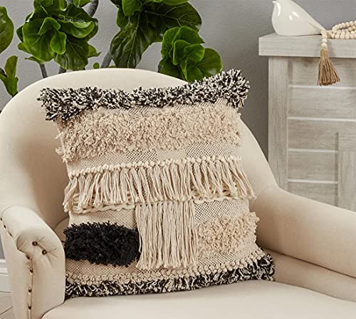 Fennco Styles Embroidered Tufted Fringe Cotton Decorative Throw Pillow 20" W X 20" L – Black & White Textured Cushion for Couch, Sofa, Bedroom, Office and Living Room Décor
