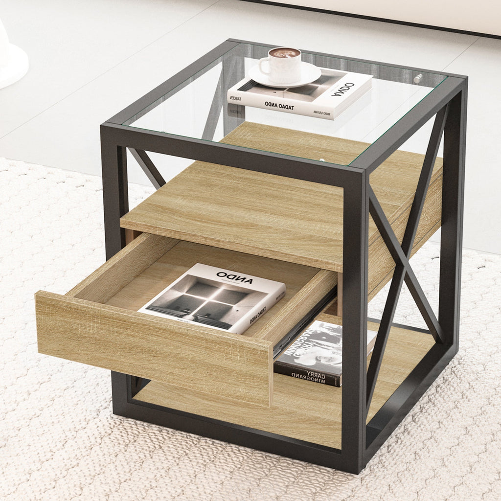 1 Piece Modern End Table with Drawer - Natural Wood & Tempered Glass