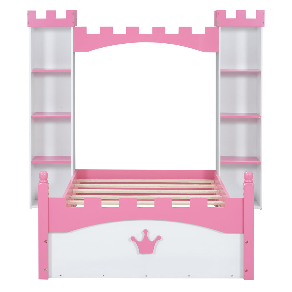 Castle-Shaped Wooden Bed with Storage Shelf, Dreamy Twin Size Platform Bed for Kids Bedroom, White + Pink