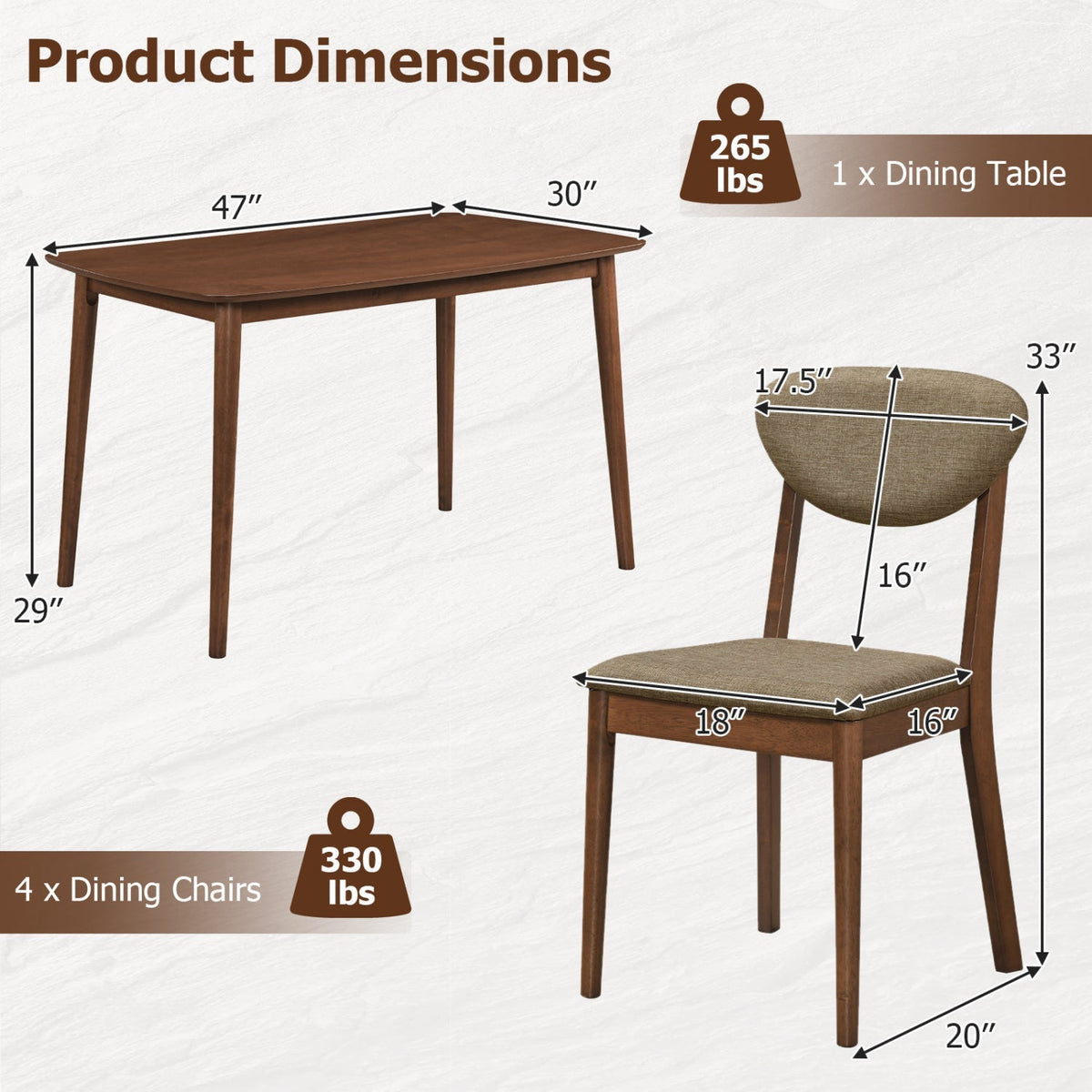 5-Piece Dining Set with Rectangular Table & 4 Fabric Chairs