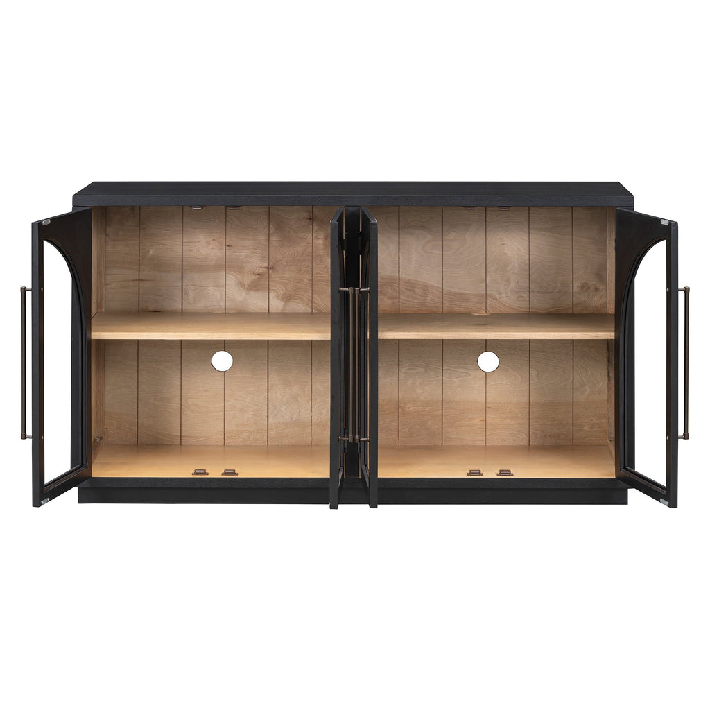 4-Door Large Storage Sideboard Buffet Cabinet with Glass Doors Arched Cabinet (Black)