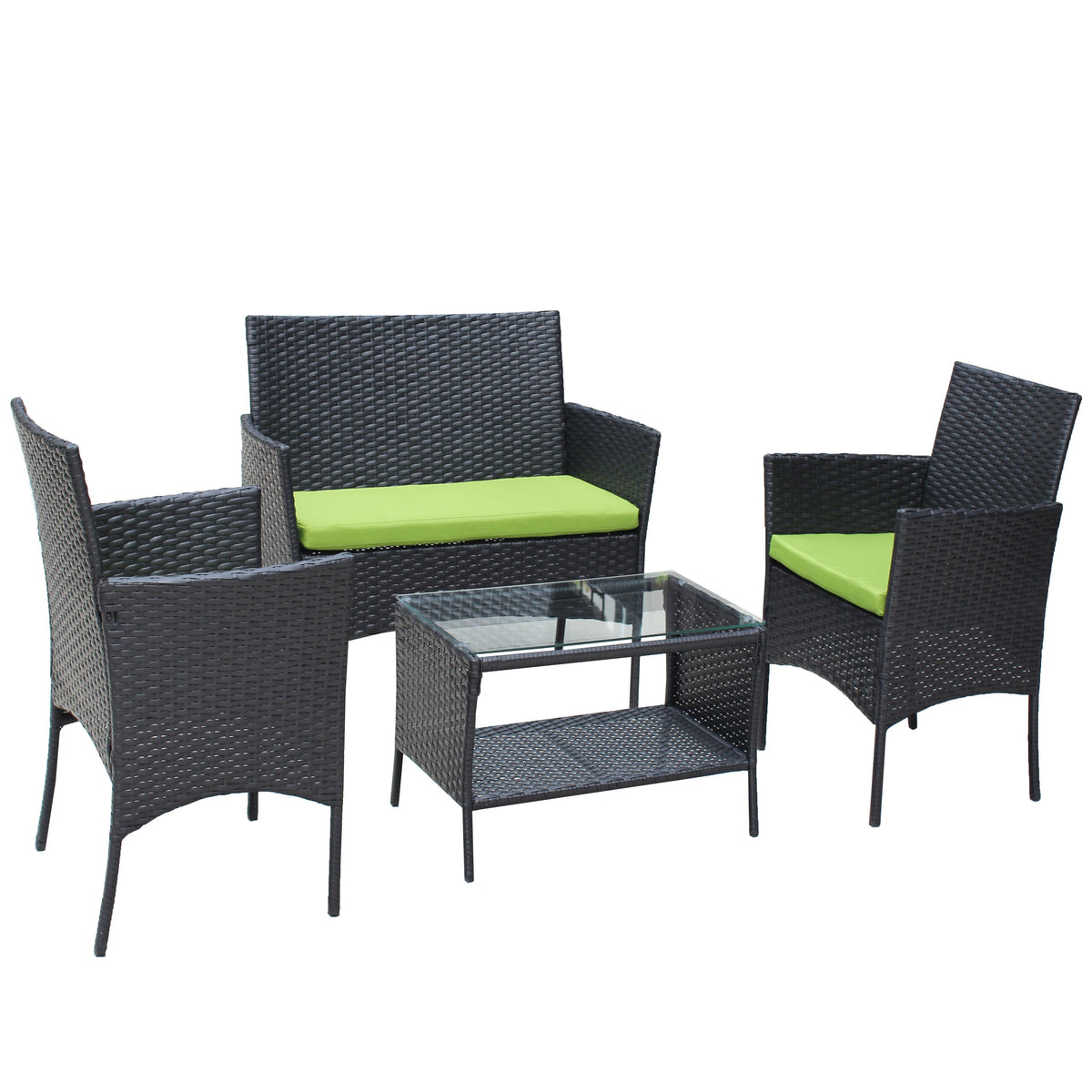 4 PC Rattan Patio Furniture Set Outdoor Cushioned Wicker Sofa Green Cushion