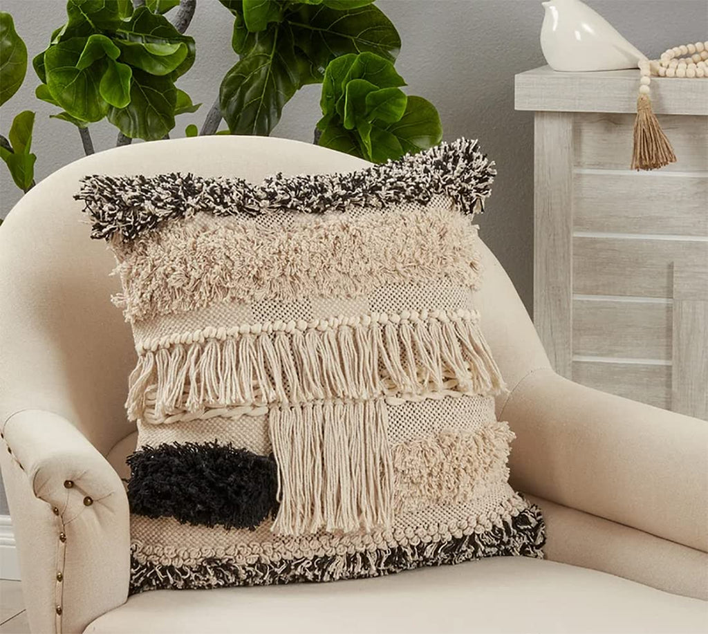 Fennco Styles Embroidered Tufted Fringe Cotton Decorative Throw Pillow 20" W X 20" L – Black & White Textured Cushion for Couch, Sofa, Bedroom, Office and Living Room Décor