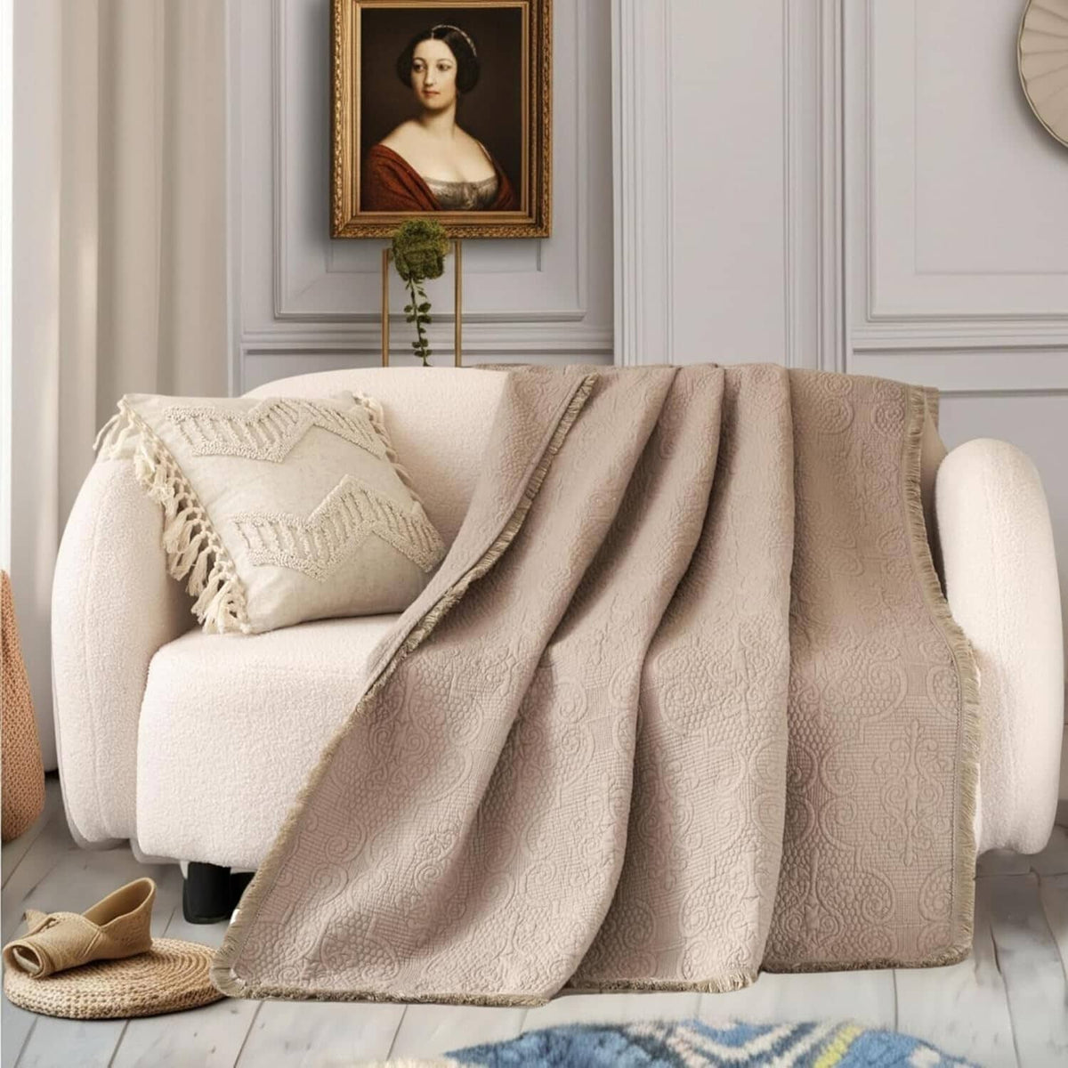 DaDa Bedding Elegant Fringed Cotton Quilted Throw Blanket - Luxurious Solid Soft Paisley Pattern, Cozy Lightweight Lap Throw, Perfect for Couch or Bed, Neutral Sandy Taupe Tan Beige, 50x60 Inches
