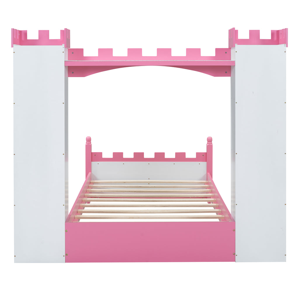 Castle-Shaped Wooden Bed with Storage Shelf, Dreamy Twin Size Platform Bed for Kids Bedroom, White + Pink