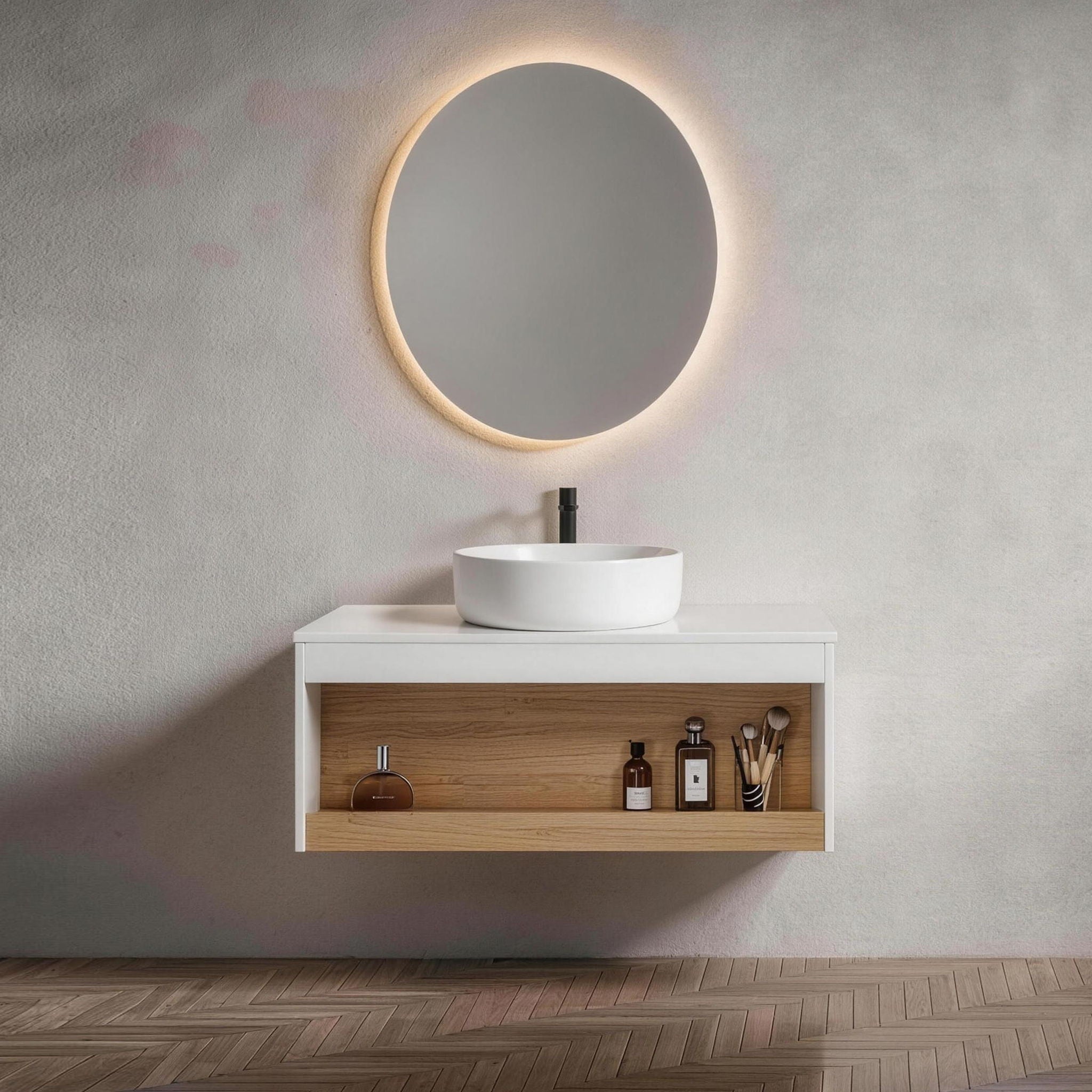 Floating Bathroom Vanity With Glossy Round Vessel Sink