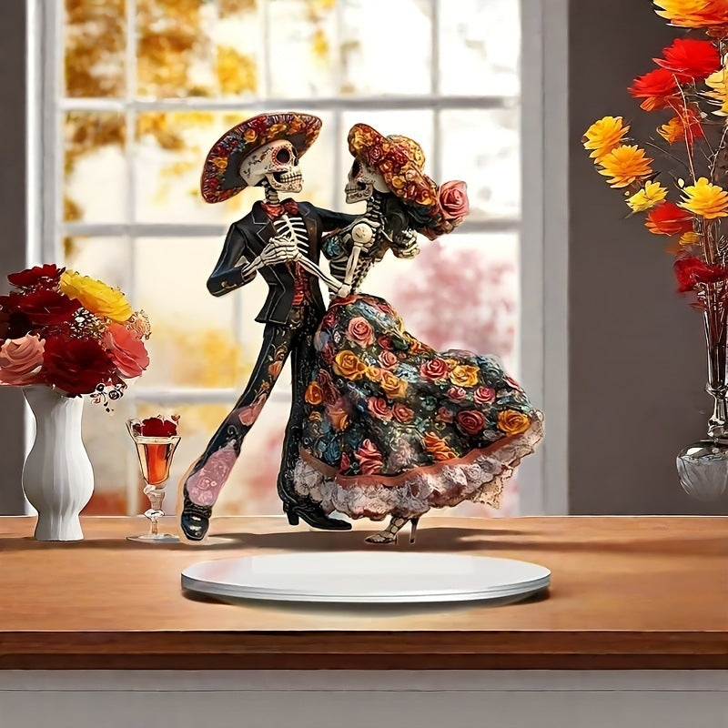 1pc Skeleton Dance Decoration 2D Day of the Dead Statue with Base Decorative Figurine Multi-functional Ornament