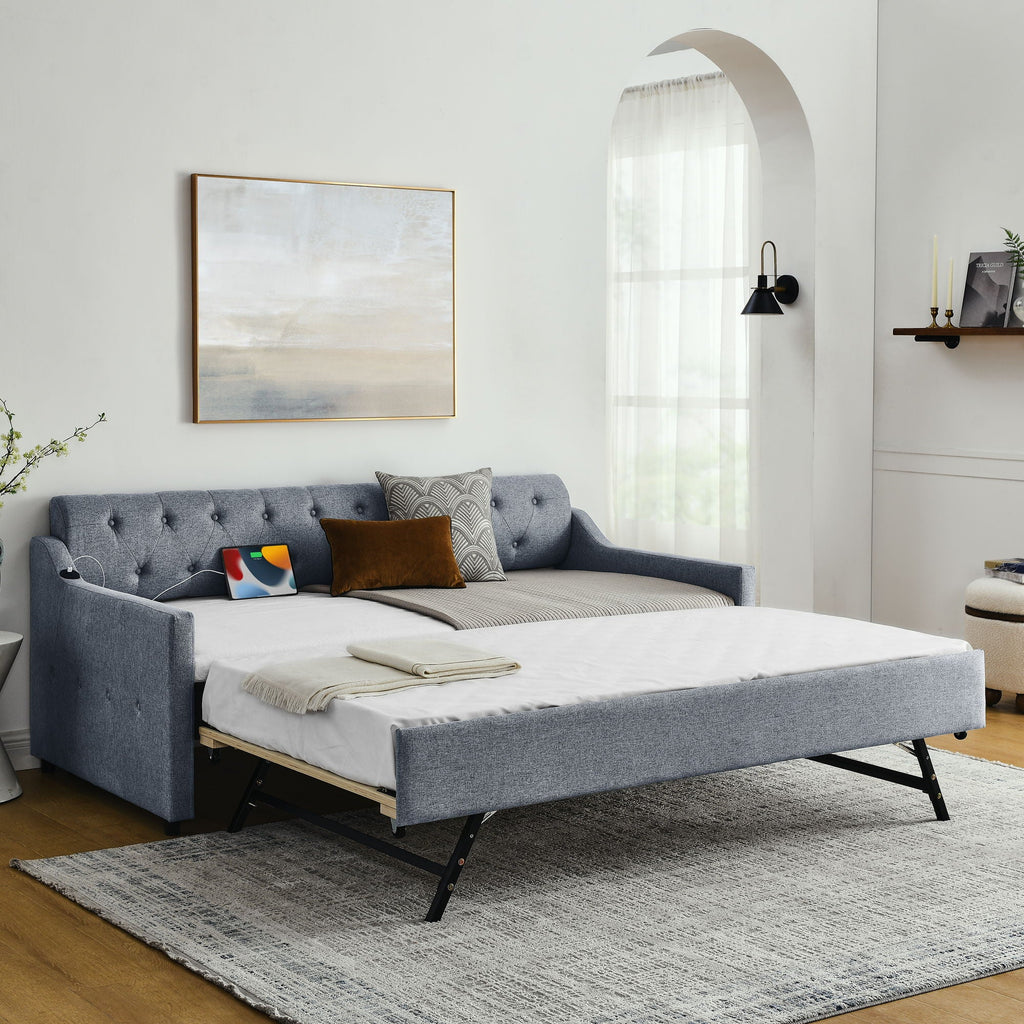 Size Upholstered Daybed With Trundle And USB Charging Armrest