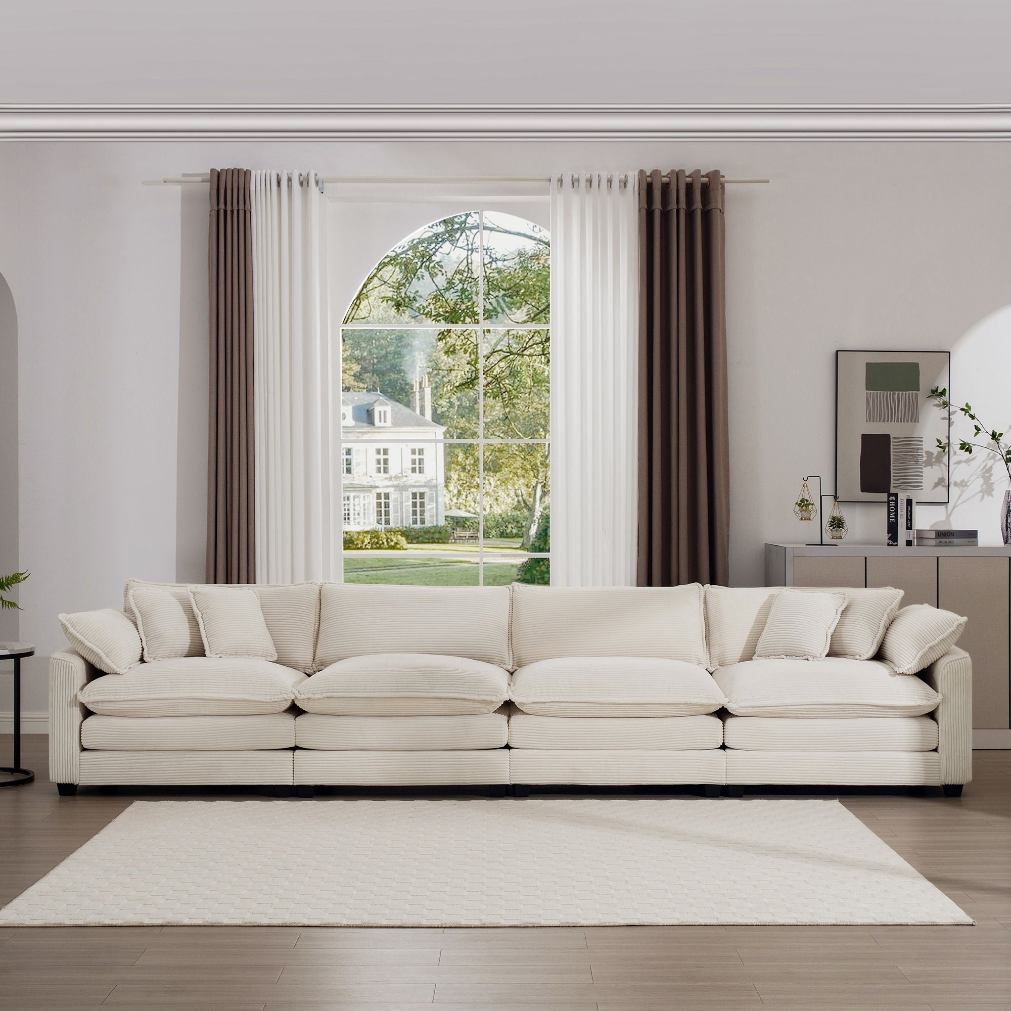 Modern Upholstered 4 Seater Fabric Sofa With Arm And Throw Pillows
