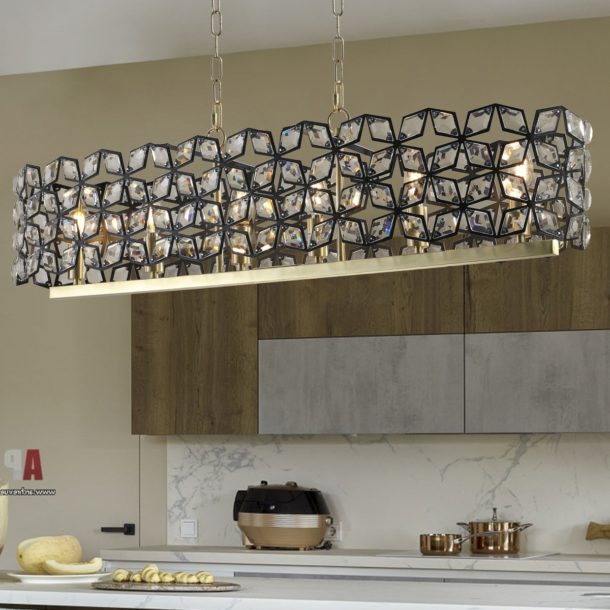 39" Contemporary Crystal and Black-Gold Pendant Chandelier