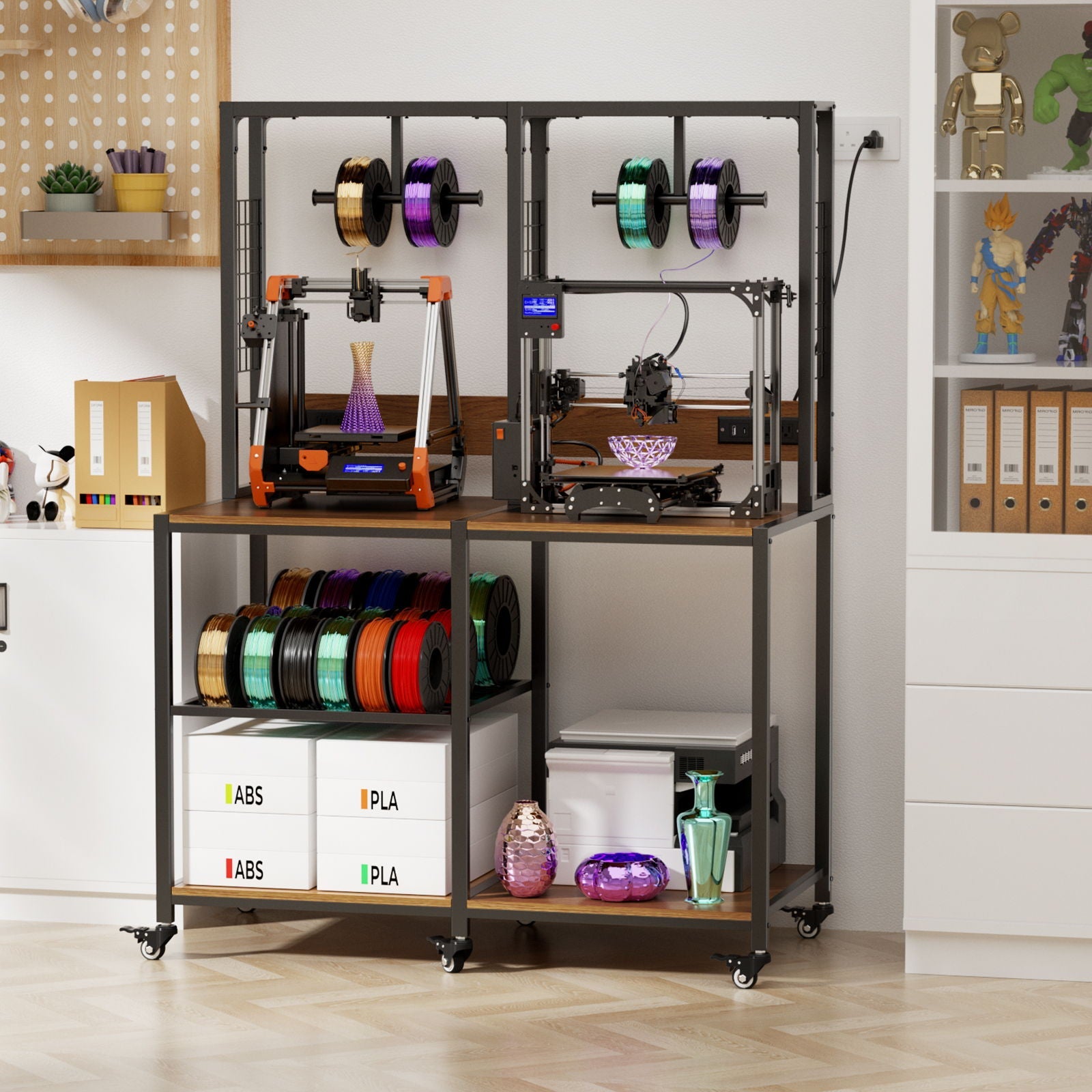 Double 3D Printer Stand With Filament Storage, T-Type Filament Holder, Lockable Wheel, Mobile Or Fixed Printer Rack For Home - Black