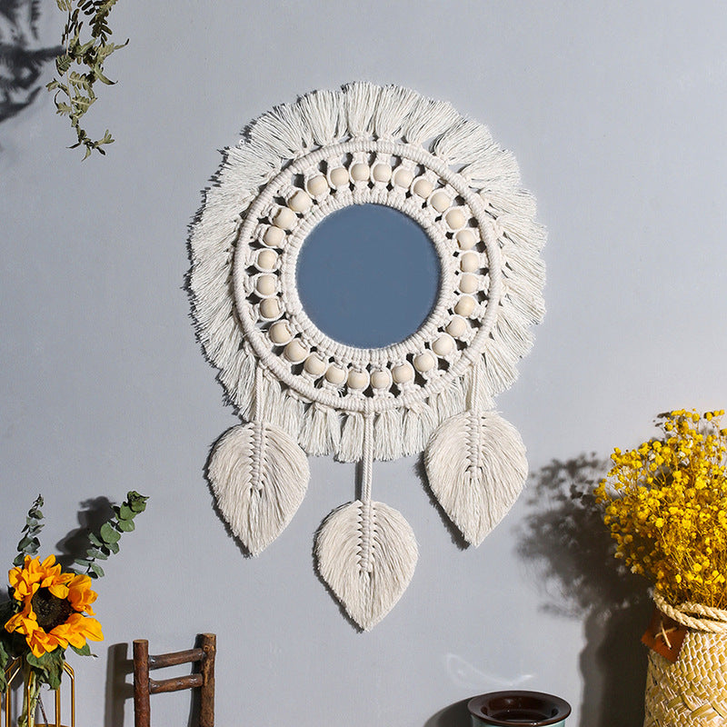 Ins Original Nordic Mirror Decoration Bohemian Weaving Handmade Cotton Thread Wood Bead Tapestry Mirror Bedroom