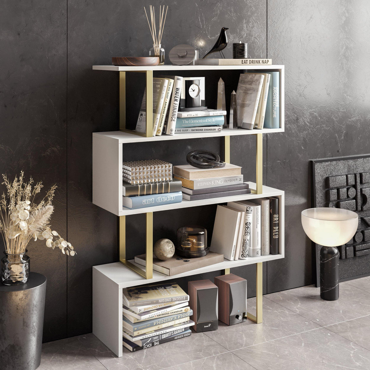 Adriana 49" Tall Metal Manufactured Wood Geometric Bookcase