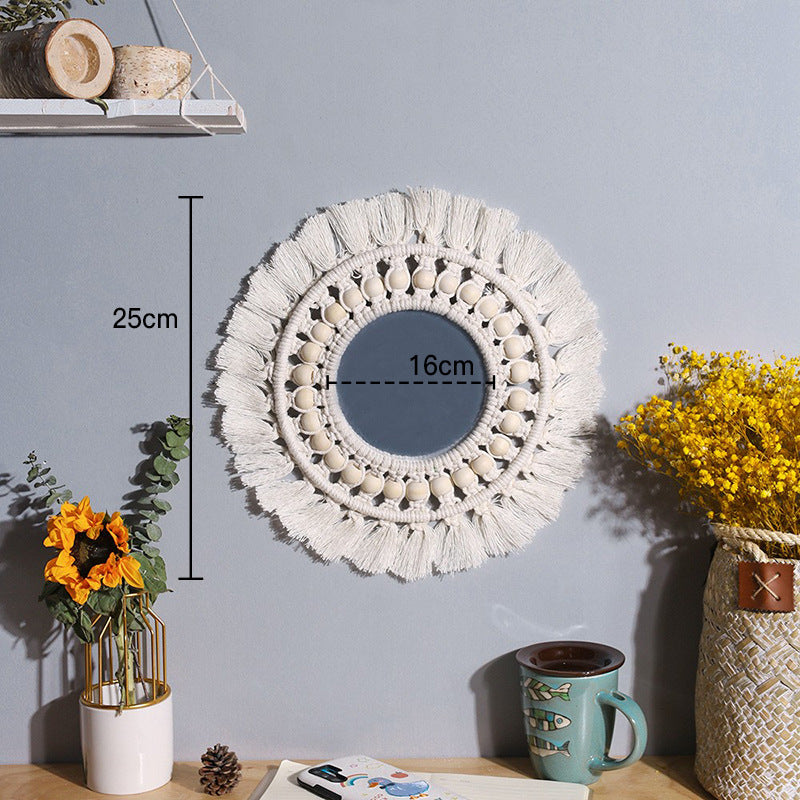 Ins Original Nordic Mirror Decoration Bohemian Weaving Handmade Cotton Thread Wood Bead Tapestry Mirror Bedroom