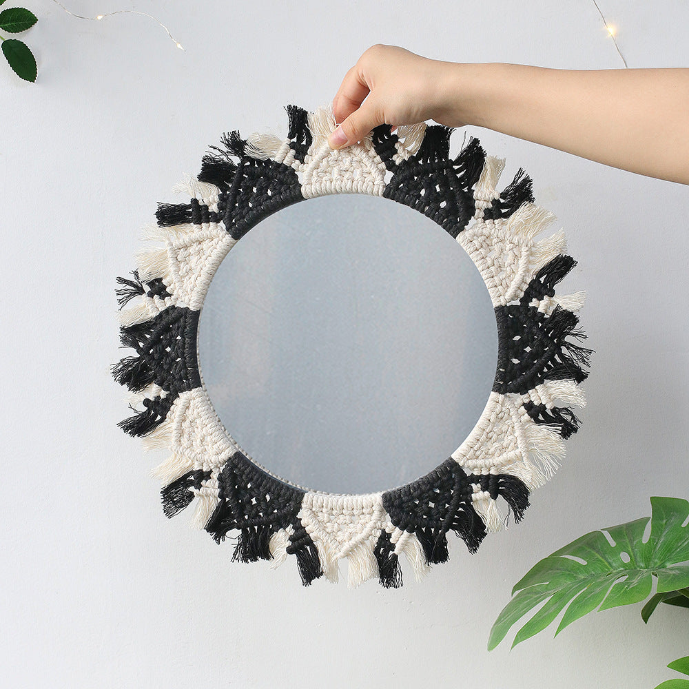 Ins Original Nordic Mirror Decoration Bohemian Weaving Handmade Cotton Thread Wood Bead Tapestry Mirror Bedroom
