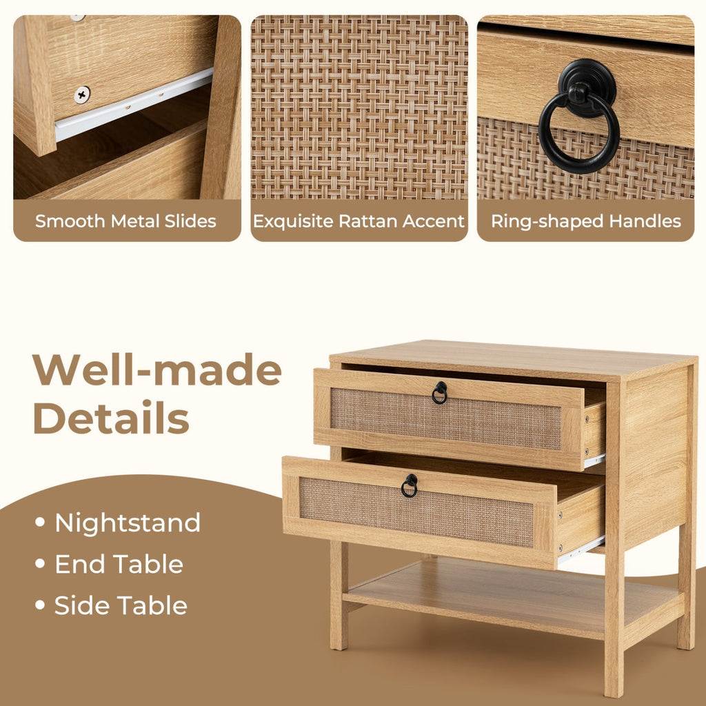 Rattan Nightstand with 2 Drawers and Open Shelf