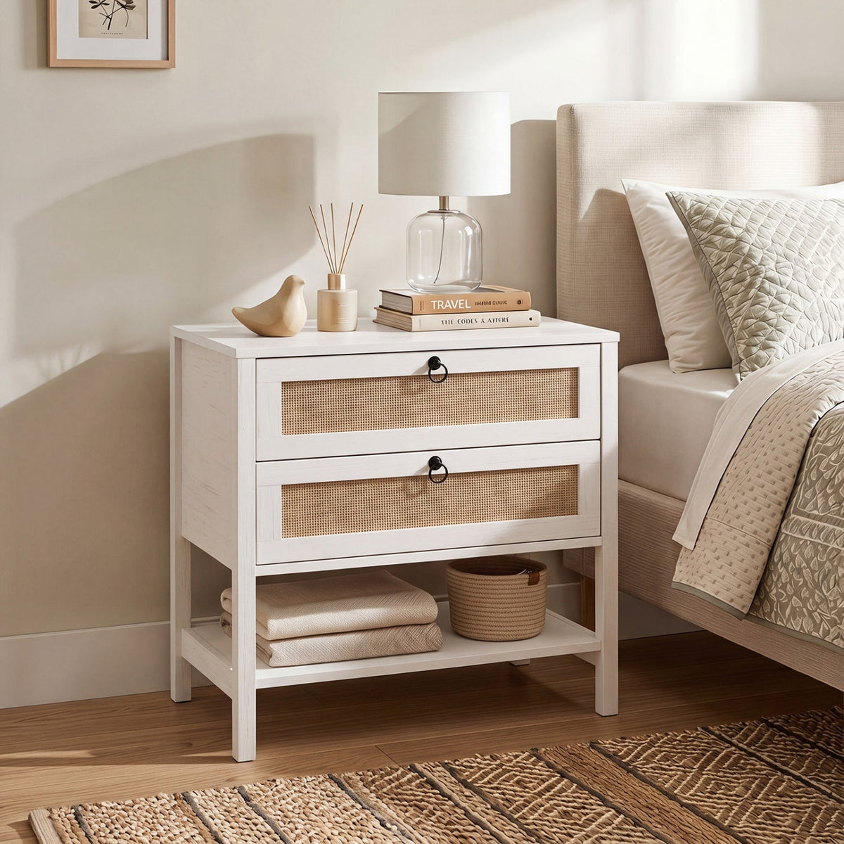 Rattan Nightstand with 2 Drawers and Open Shelf