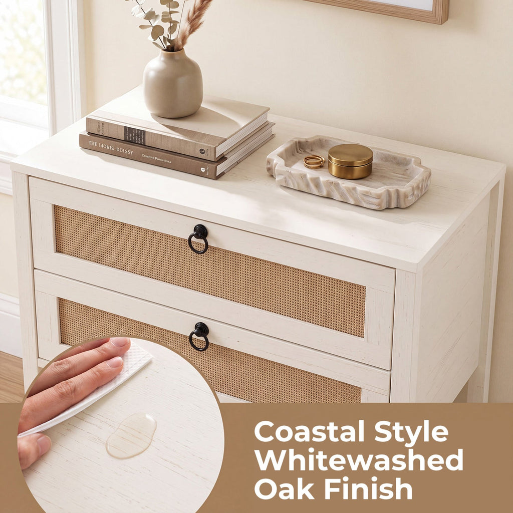 Rattan Nightstand with 2 Drawers and Open Shelf