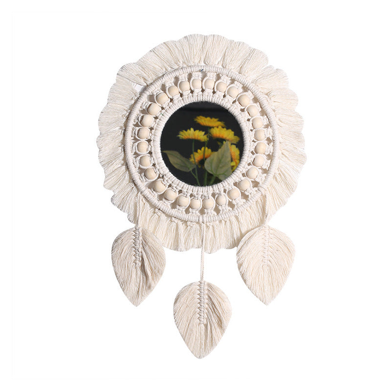 Ins Original Nordic Mirror Decoration Bohemian Weaving Handmade Cotton Thread Wood Bead Tapestry Mirror Bedroom