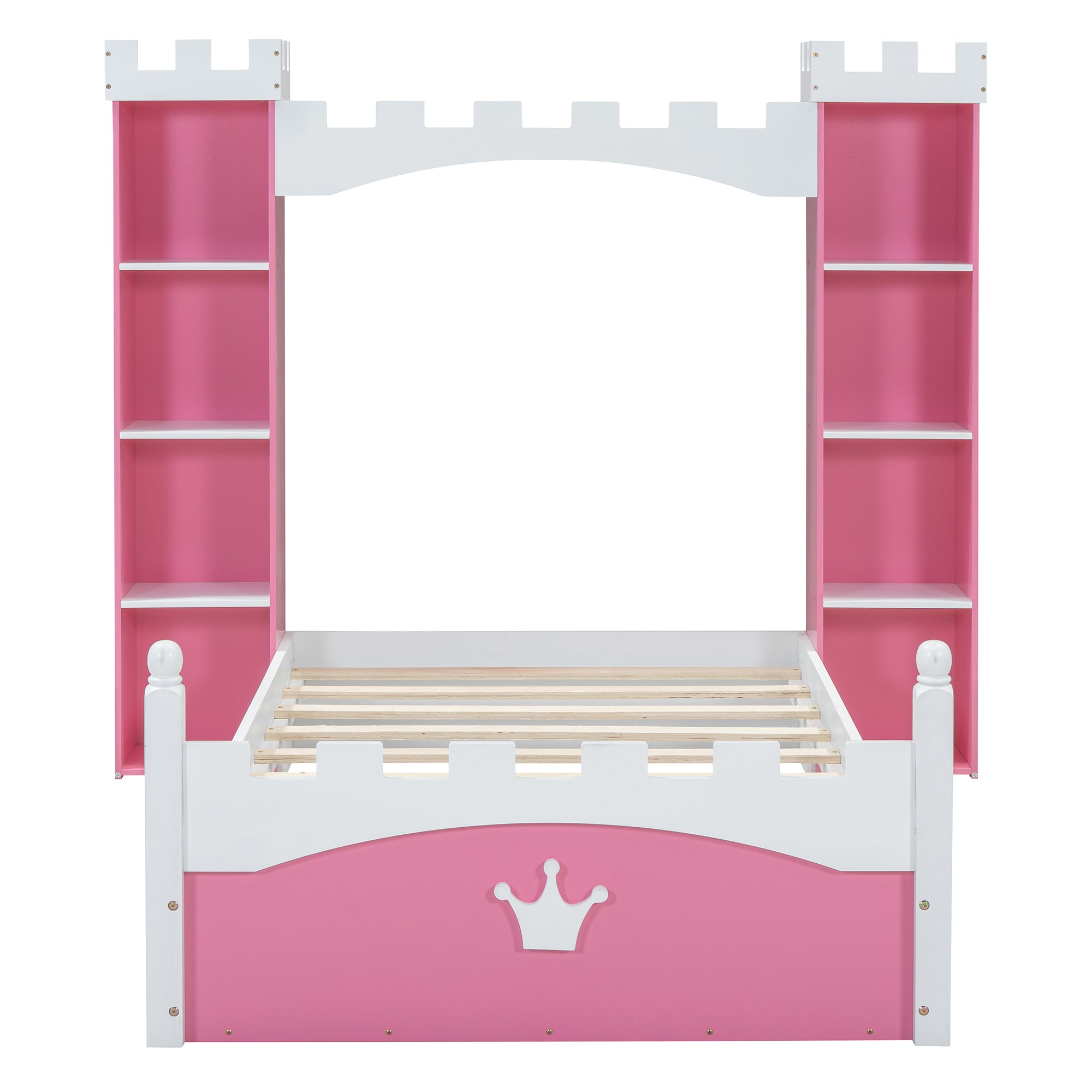Castle-Shaped Wooden Bed with Storage Shelf, Dreamy Twin Size Platform Bed for Kids Bedroom, Pink+ White