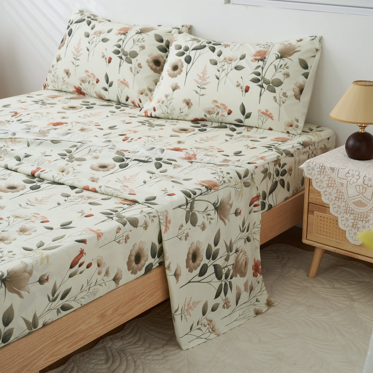 DaDalogy Enchanted Meadow Bed in a bag Set - Victoria Garden Delicate Floral Symphony in Beige, Rose, and Soft Green, Luxuriously Soft Quilted Set