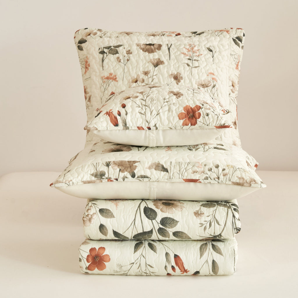 DaDalogy Enchanted Meadow Bed in a bag Set - Victoria Garden Delicate Floral Symphony in Beige, Rose, and Soft Green, Luxuriously Soft Quilted Set