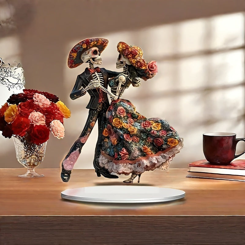 1pc Skeleton Dance Decoration 2D Day of the Dead Statue with Base Decorative Figurine Multi-functional Ornament