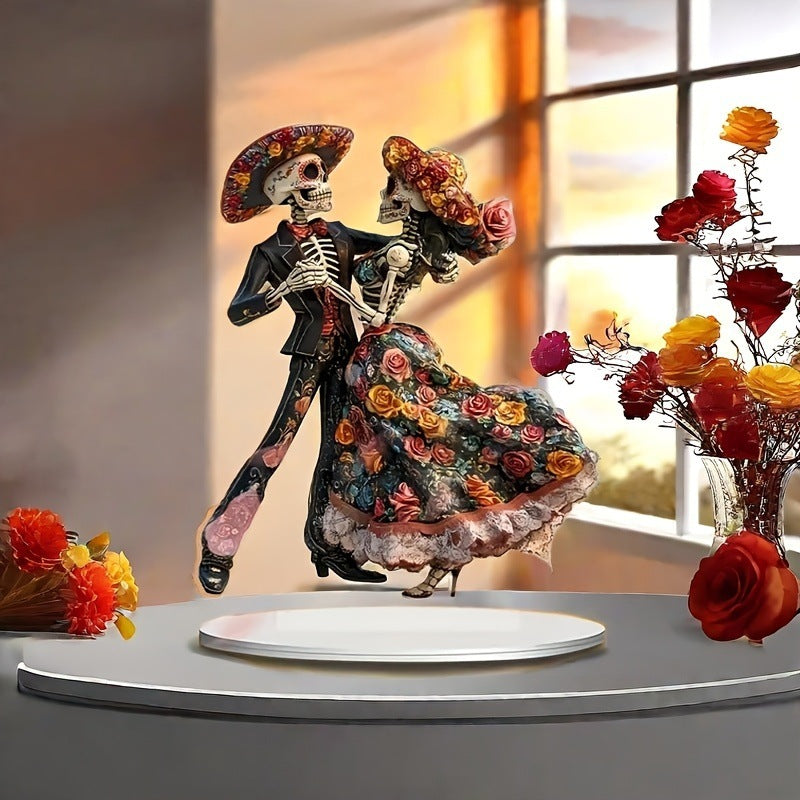 1pc Skeleton Dance Decoration 2D Day of the Dead Statue with Base Decorative Figurine Multi-functional Ornament