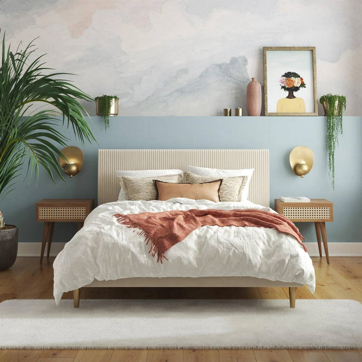 Full size Off-White Ivory Cream Upholstered Platform Bed Frame with Headboard